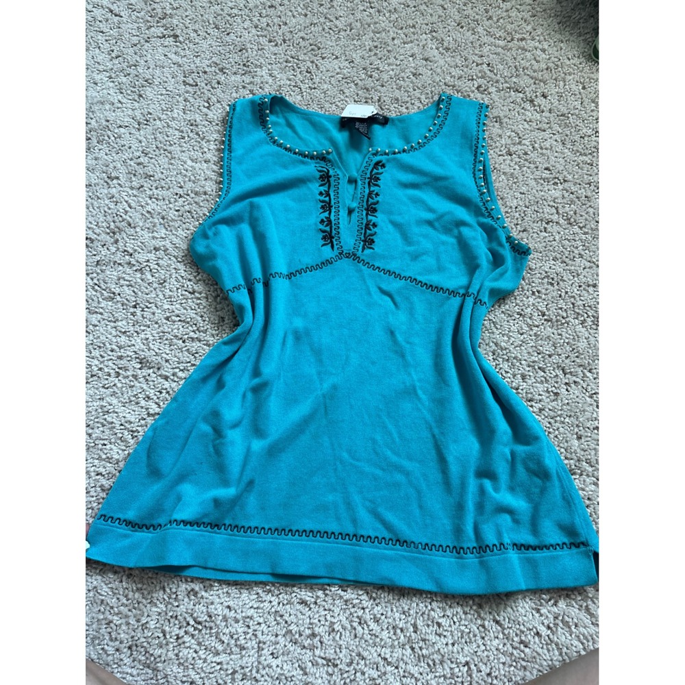 vintage Boho Embroidered Silk Blend Tank Top Turquoise Beaded Sleeveless Knit